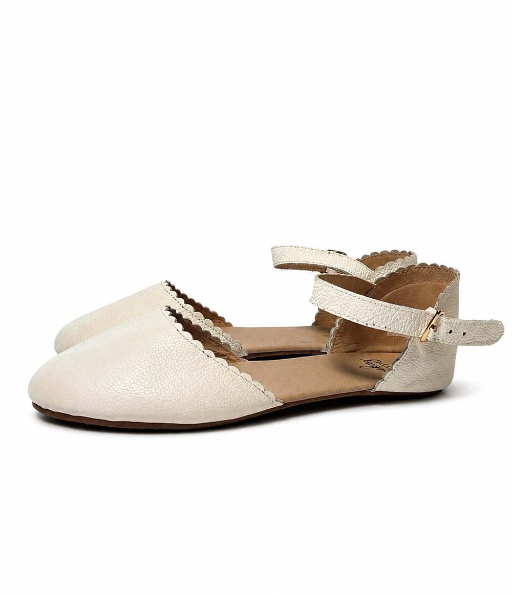 Monkey Feet White Scalloped Ankle Strap Ballet Flats